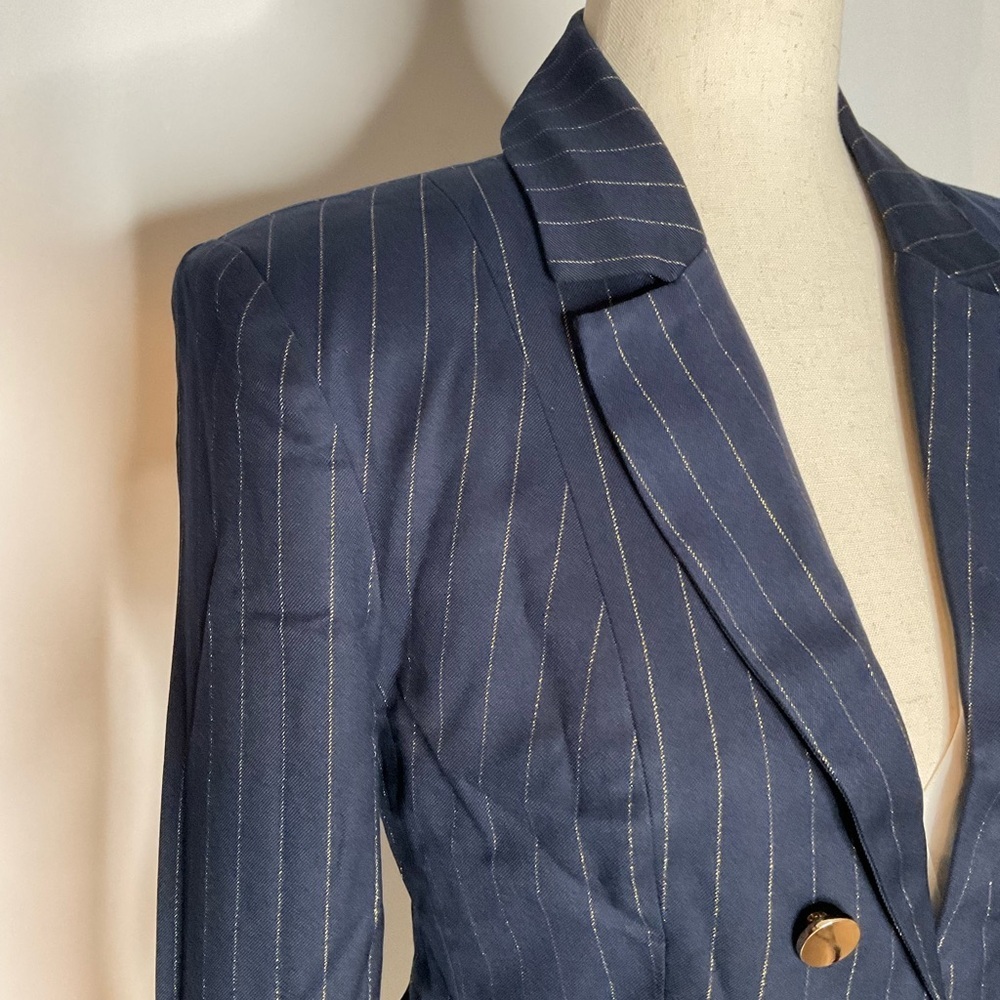 Choosy Navy Gold Pinstripe Open Front Notch Collar Short Blazer Jacket Size 2